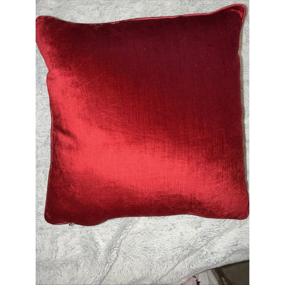 Pier 1 Imports Red Velvet Throw Pillow Square Crimson Accent Brass Logo Zip